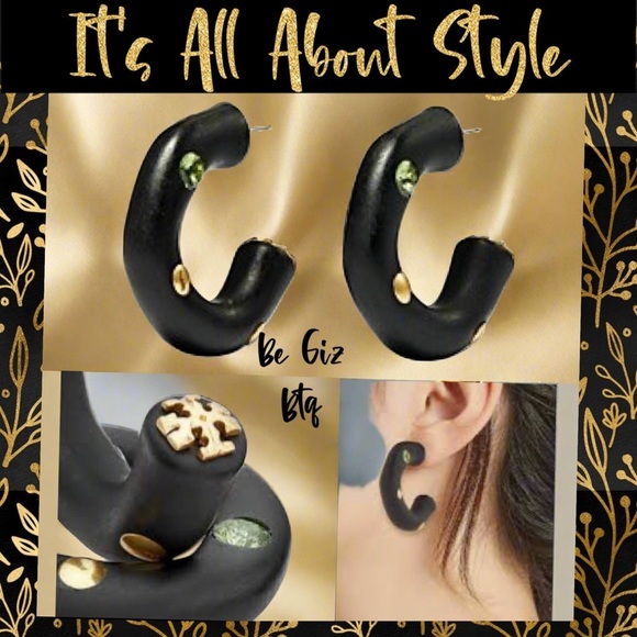Tory Burch Authentic Roxanne Black Resin & Colorful Glass Crystal Hoop Earrings